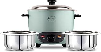 Pigeon Inox Rice Cooker with Double pot, 1 litres | Stainless Steel Lid | 400 Watts | 2 Steel Cooking Pot | Measuring Cup | Spatula | Energy Efficient Cooking
