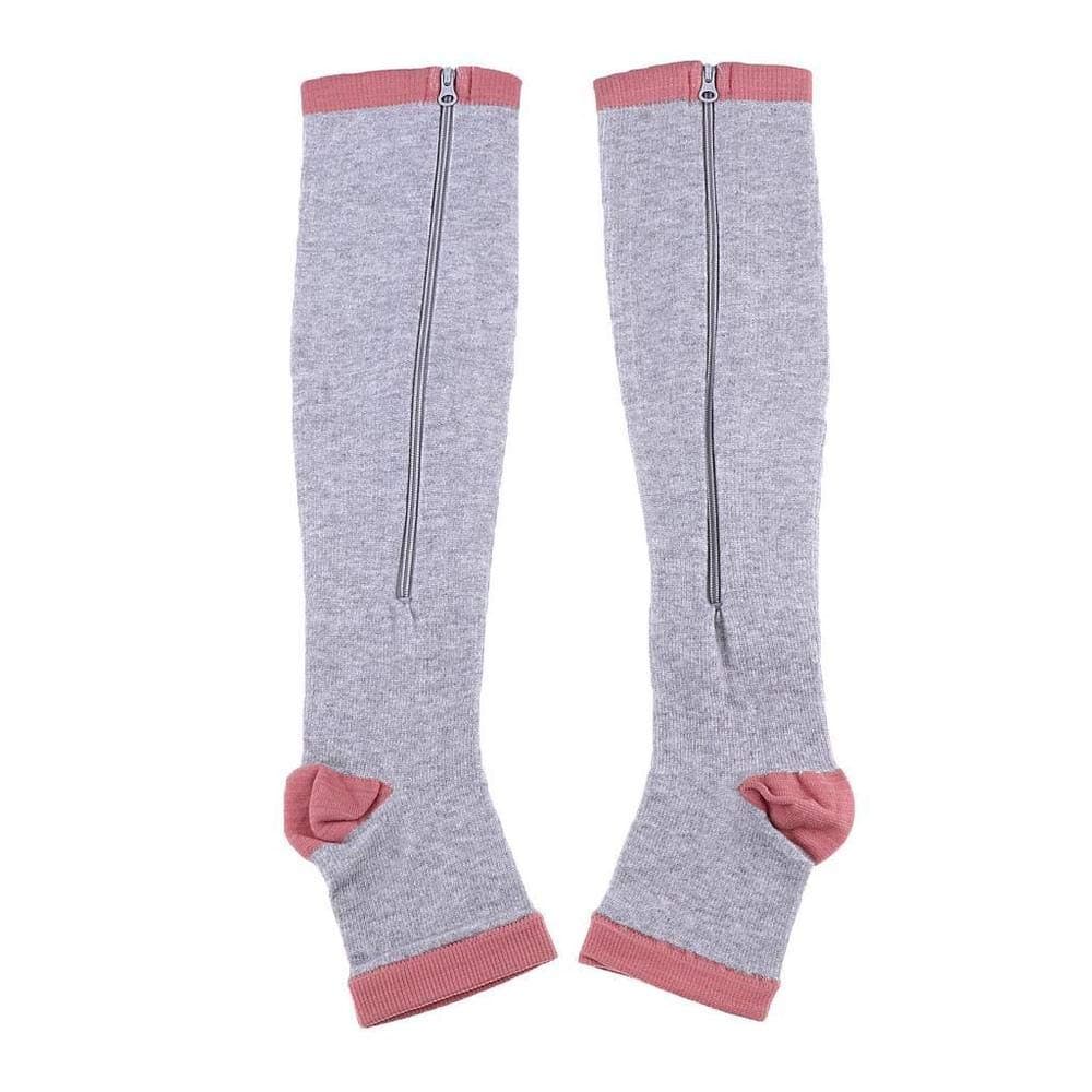Zippered Medical Compression Socks (2 Pair) Open Toe Support Zipper Stocking for Varicose Veins, Edema, Swollen or Sore Legs Helps Foot Feet Knee Ankle Arch (Gray, (Calf=9"-12") - Small)