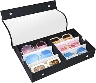 Ikee Design Large 6 Slot Eyewear Storage Organizer Box Display Case Holder, Durable Eye Glasses Storage for Eyeglasses, Watches and Jewelry 13 3/8 W x 7 3/4 D x 2 1/4 H in, Black