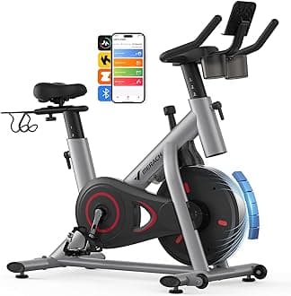 MERACH Exercise Bike, Brake Pad Stationary Bike with Exclusive App, Low Noise Indoor Cycling Bike with 300lbs Weight Capacity, Tablet Mount and Fitness Courses for Weight Loss