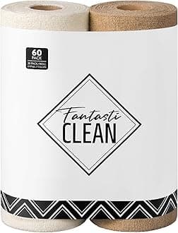 Fantasticlean Microfiber Cleaning Cloth Roll -60 Pack, Tear Away Microfiber Towels, 12" x 12", Reusable, Washable, Scratch Free, Ultra Absorbent Dish Rags for Car, Home, Garage or Shop (Beige & Tan)