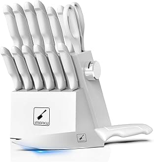 Knife Set With Block, White Knife Sets, Knife Block Set, 14pcs Stainless Steel Kitchen Knife Set, Kitchen Essentials for New Home, Apartment Essentials, Built-in Sharpener, Dishwasher Safe
