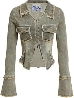 Aelfric EdenWomens Denim Jacket Fringe Two-Way Zipper Fashion Vintage Washed Long Sleeve Jean Coat