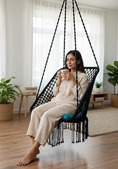 Patiofy Swing for Balcony/Swing Chair for Adults for Home/Swing for Indoor Outdoor Premium Rectangular Swing Chair with Blue L Cushion & Free Hanging Kit Included- Black