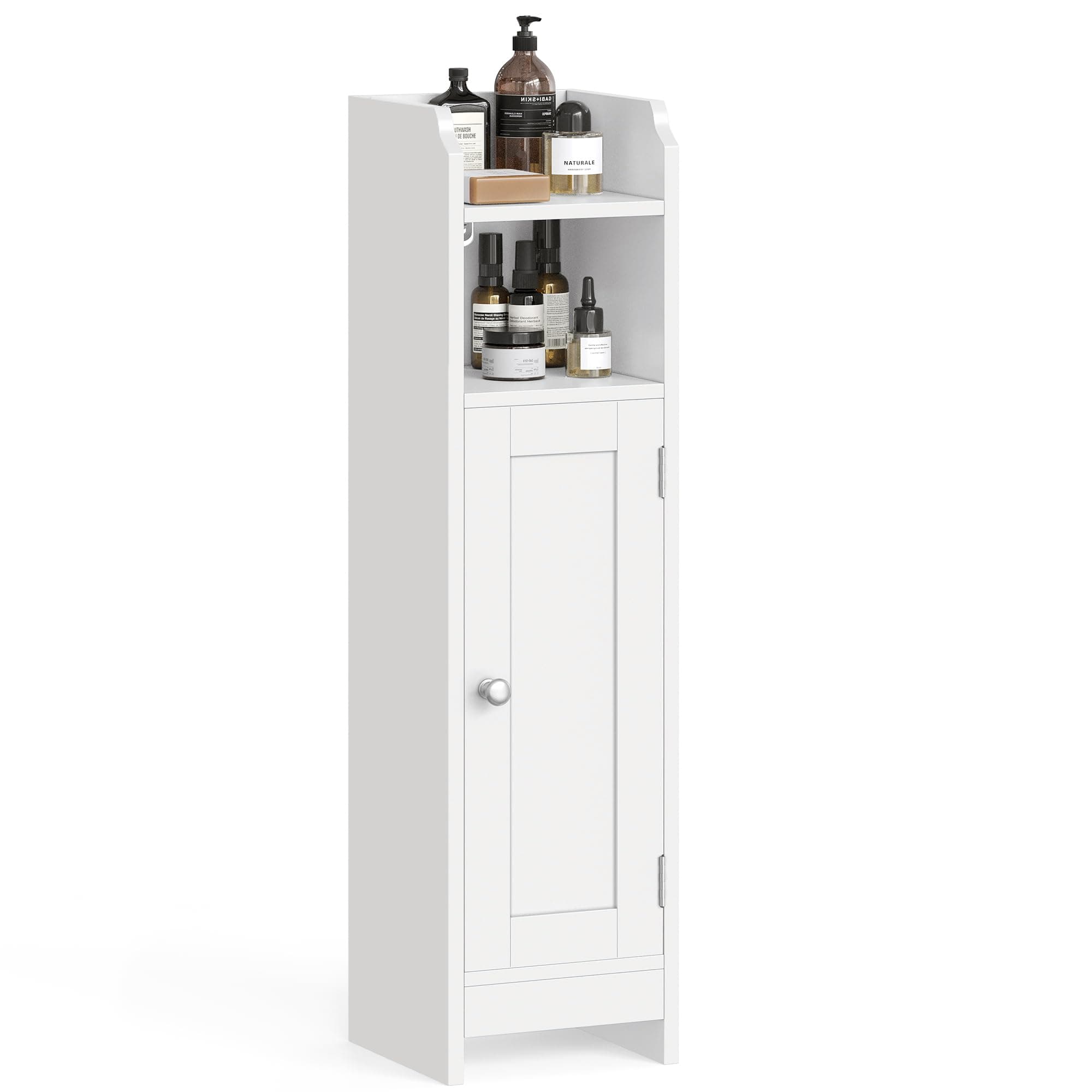 Small Storage Corner Floor Cabinet with Door, 7.9 x 7.1 x 31.5 Inches, Narrow Toilet Paper Storage Holder, Adjustable Shelves, for Bathroom, Living Room, Small Spaces, Cloud White UBBC310W01
