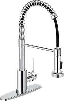 DJS Kitchen Faucets with Pull Down Sprayer Chrome High Arc Single Handle 1 or 3 Holes Spring Kitchen Sink Faucet with Deck Plate for Farmhouse RV Vessel Basin