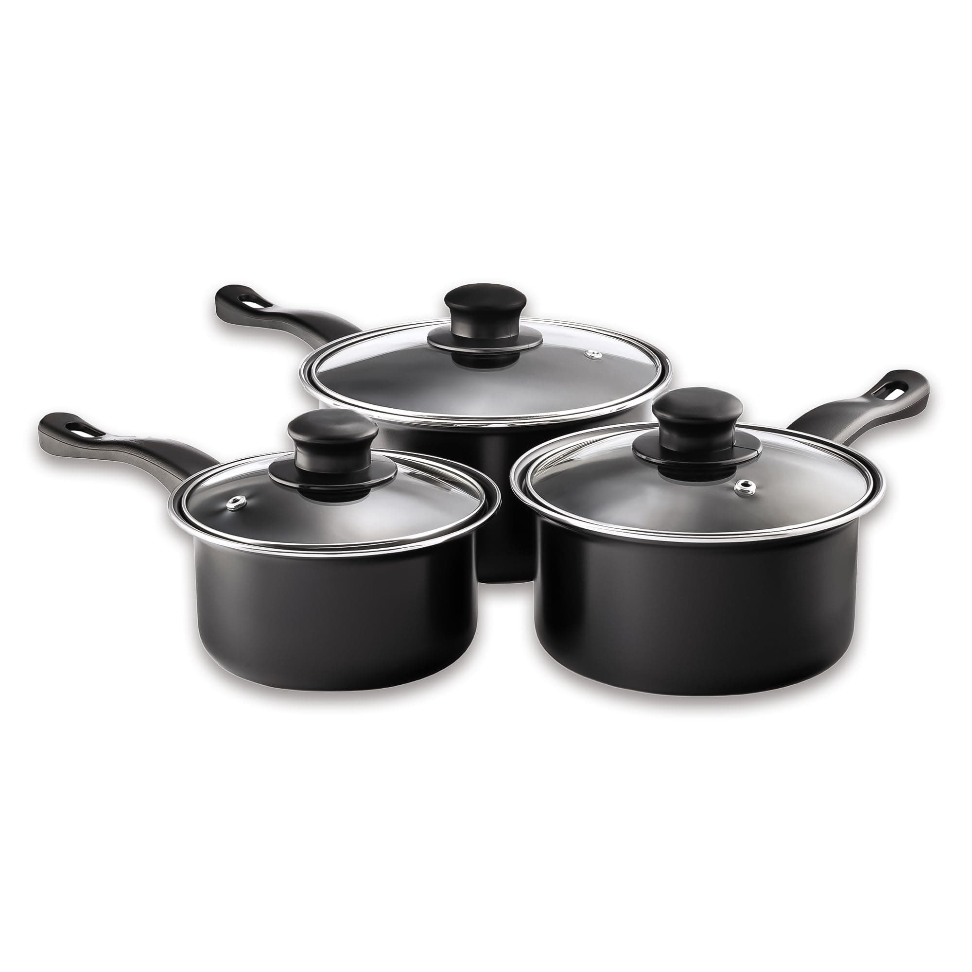 Pendeford Value Plus Saucepan Set 3PC | Carbon Steel Non-Stick with Tempered Glass Lids | 16cm 18cm 20cm | Easy Clean, Lightweight, Dishwasher Safe | Suitable for All Hob Types Except Induction