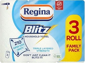 Regina Blitz Household Towels – 3 Triple Layered Rolls, 70 Sheets Per Roll, Paper Packaging, FSC Certified Paper, Recyclable Packaging, 60% Larger Than Standard Kitchen Roll Sheets