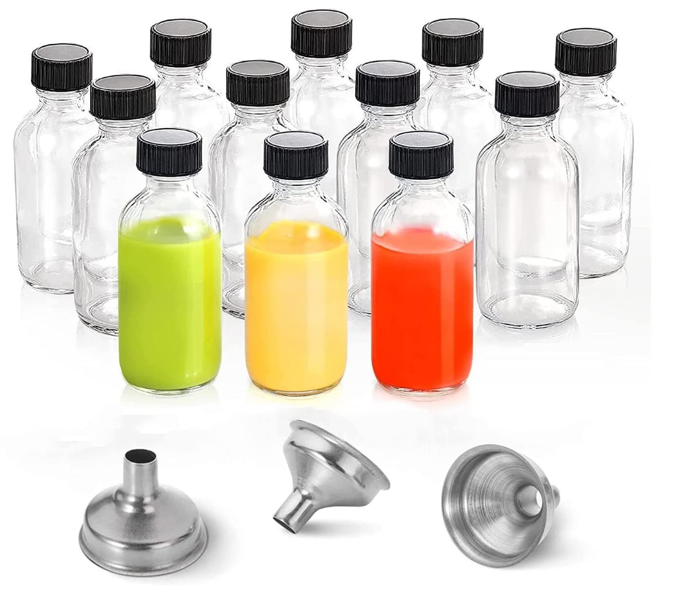 12 Pack, 2 oz Small Clear Glass Bottles with Lids & 3 Stainless Steel Funnels - 60ml Boston Round Sample Bottles for Potion, Juice, Ginger Shots, Oils