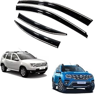 ROYALTECH Premium Chromeline & Silverline Unbreakable Car Rear Window Wind Deflectors & Side Door Visor Rain Guard Compatible with (Renault Duster (2014 Onwards))