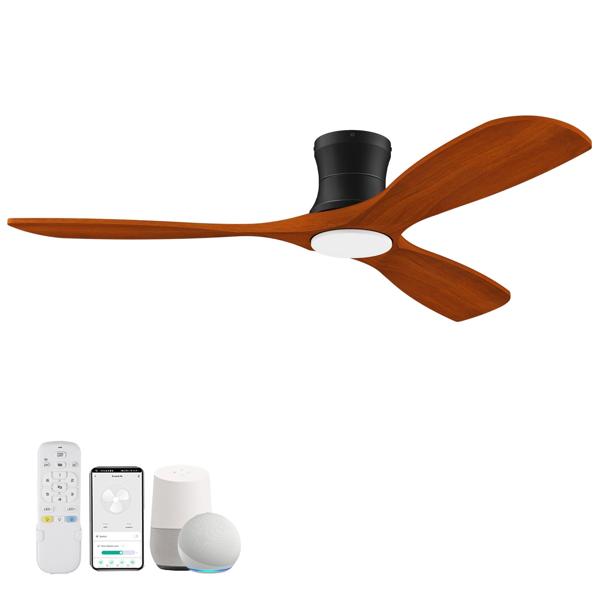52” Wood Smart Low Profile Ceiling Fan with Lights Remote, Quiet DC Motor, Outdoor Indoor Flush Mount, Voice Control via WIFI Alexa App, Modern Dimmable Lighting for Bedroom Patio