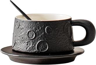 KASTWAVE Cup Set, Moon Planet Ceramic Coffee Mug & Saucer Set, 6.7oz Matte Meteorite Relief Cup with Black Peach Pad, Unique Modern Design for Cappuccino, Espresso & Latte, Gift for Coffee Lovers