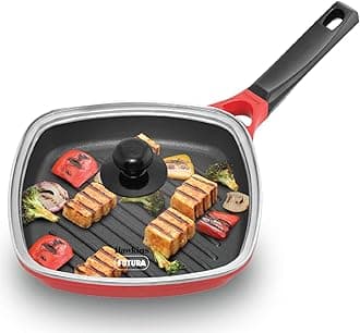 26 cm Grill Pan With Glass Lid - Non-Stick Die Cast, Square for Gas Stove, Ceramic Coated, Roast Pan, Red (IGP26G)