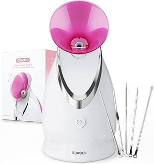 EZBASICS Face Steamer Professional, Nano Ionic Facial Steamer for Pores with Warm Mist Humidifier Atomizer and Sauna Inhaler Spa, 1-Pack + 5-Pack Stainless Steel Skin Kit Pink