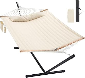 Two Person Hammock with Stand for Outside Heavy Duty, Outdoor Patio Hammock with Portable Steel Stand, Large Double Hammocks,480lbs Capacity.(Off White)