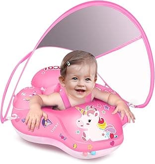 Baby Pool Float No Flip Over, Inflatable Baby Float with Sun Protection Canopy, Baby Swimming Float, Baby Swim Float with Double Air Chambers, Add Tail for Age of 3-36 Months