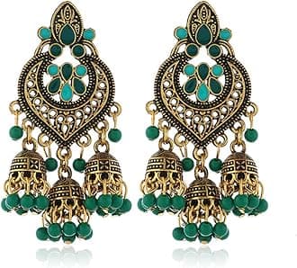 Boho Chandellier Jhumka Statement Dangle Earrings for Women Vintage Large Flower Ball Bead Tassel Drop Dangling Earring Indian Bollywood Jewelry Holiday Festival Christmas