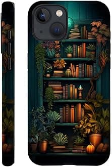 Case Compatible with iPhone 15,Hybrid 2-Layer Hard Shell,Shockproof Soft for Girl Women,Bookshelf Book Plant