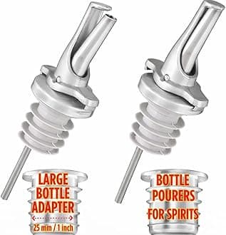 POURA 3-in-1 Liquor Pour Spout with BPA-Free Rubber & Fruit Fly Protection – Dishwasher Safe Speed Pourer for Alcohol, Olive Oil, Juice & Syrup – Silver 2 Pack with Adapters for Large Bottles