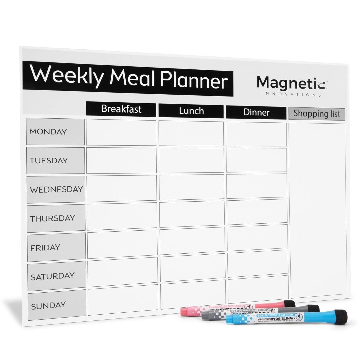 β Large A3 Fridge Meal Planner Board, Ideal as a Weekly Family Diet Planner, Food Shopping List, Menu Board, Includes 3 Dry Wipe Markers