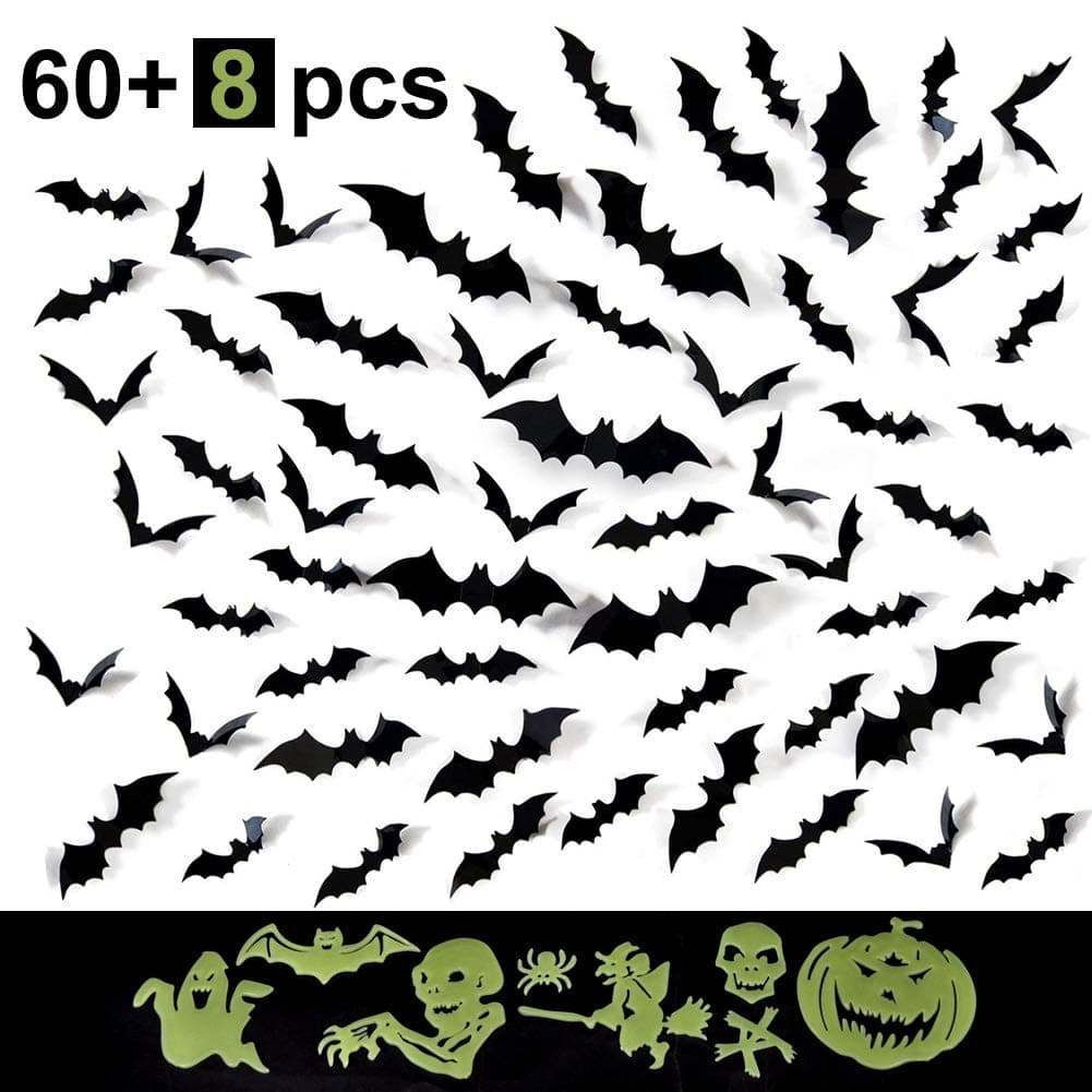 Ruiao PVC 3D Bat Wall Decal Decorative 60 Pack Scary Halloween Decorations Indoor Wall Sticker Halloween Eve Decor Home Window Decoration Set Additional 8 Pack Halloween Horror Wall Sticker