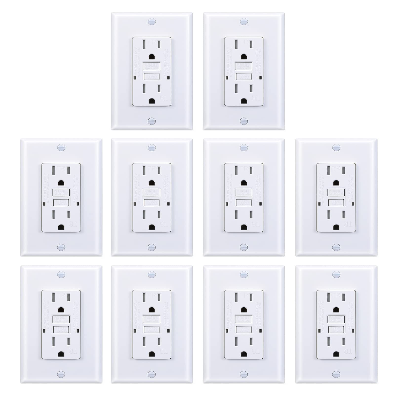 GFCI Outlet, Tamper-Resistant GFI Receptacle with LED Indicator, Self-Test Ground Fault Circuit Interrupter, Decorator Wall Plates and Screws Included, UL Listed, White (White, 15A 10 Pack)