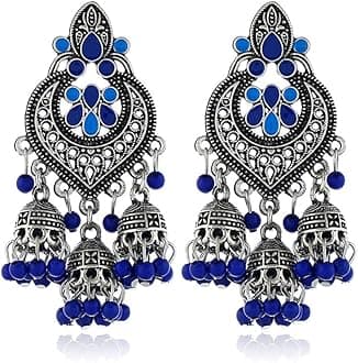 Boho Chandellier Jhumka Statement Dangle Earrings for Women Vintage Large Flower Ball Bead Tassel Drop Dangling Earring Indian Bollywood Jewelry Holiday Festival Christmas