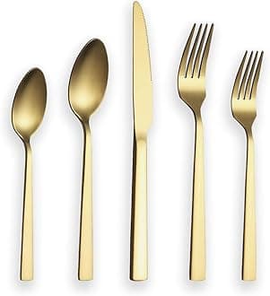 Brushed Gold Silverware Set, Berglander Satin Gold Flatware Set, Stainless Steel Heavy Duty Rust Proof Titianium Plating Dishwasher Safe Matte Cutlery Set Service For 4