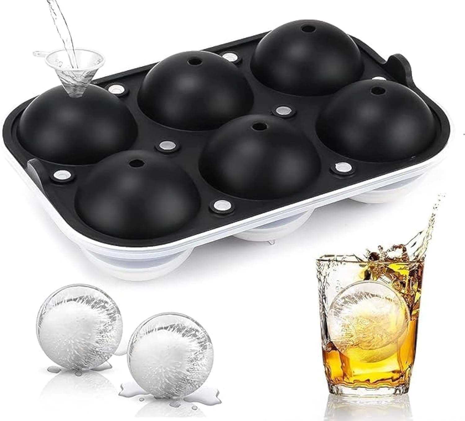 CoolWave Silicone Ice Cube Tray with Lid & Free Funnel, 6 Round Cavities, BPA-Free, Easy Release, Leak-Proof, Durable, Ideal for Baby Food, Drinks, Juices, Coffee, Freezer & Microwave Safe