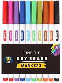 inamio Dry Erase Markers Fine Tip - 0.5mm Whiteboard Markers - Ultra Thin, Fine Point White Board Pens, Set of 10 Colors