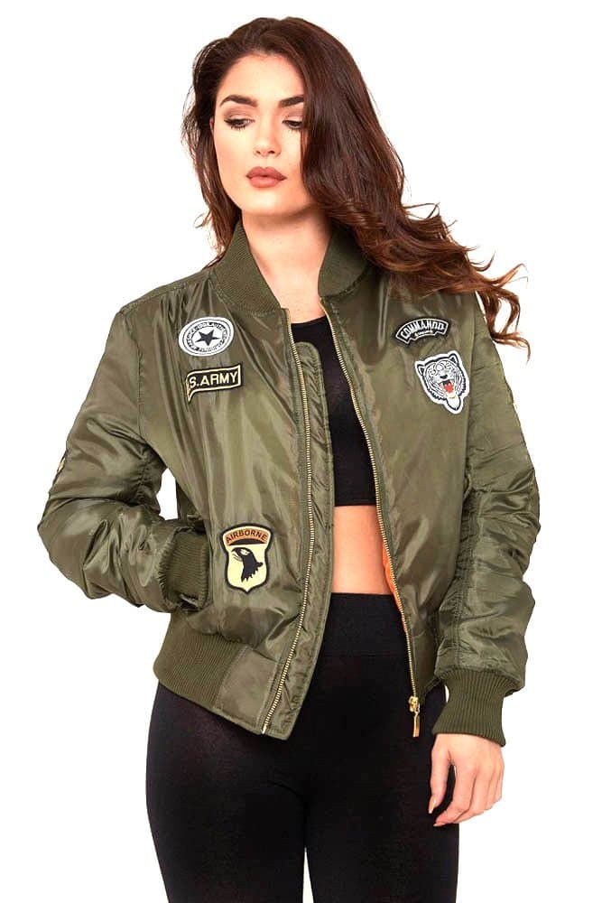 Ladies Womens MA1 Army Style Patch Bomber Jacket Zip Up Biker Vintage Jacket (M (12), Khaki )