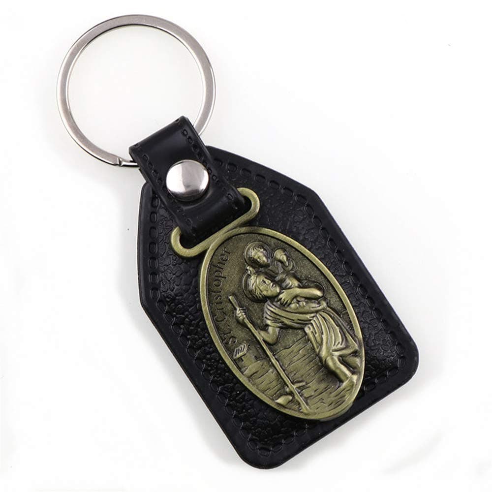 St Christopher Medal for Car, Artificial Leather Keychain, Drive Safe Keychain Jewelry, Alloy Car Key Chain for Men Women, Gifts for Men Women