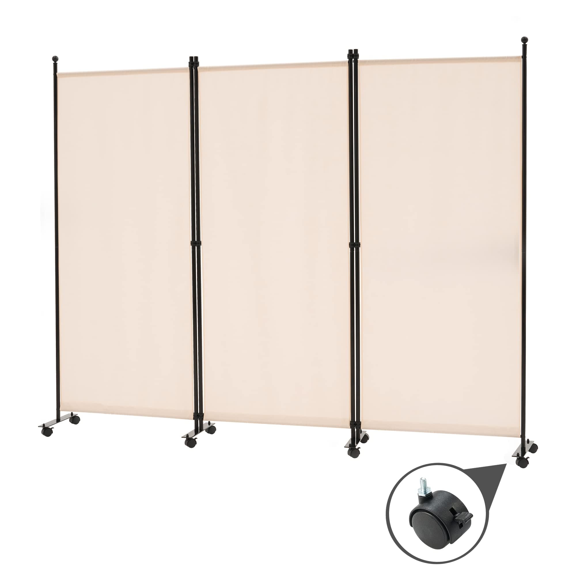 Spurgehom 3 Panel Rolling Room Divider, Folding Partition Privacy Screens, Freestanding Fabric Room Panel, Portable Folding Wall Divider for Office, Room, Restaurant, Hospital (Beige)