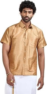 VASTRAMAY Men's Silk Blend Ethnic Shirt - Half Sleeves, South Indian Traditional Shirt for Weddings, Festivals, & Casual Wear