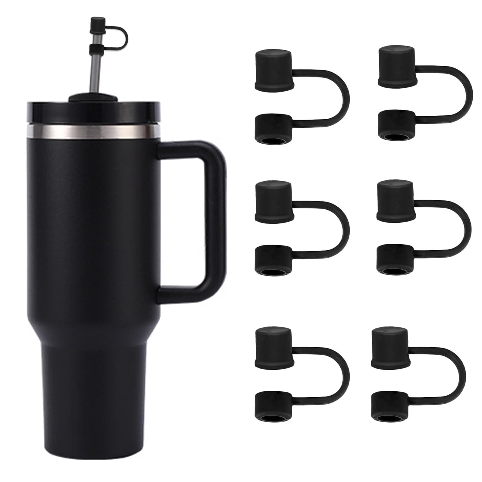 6PCS Silicone Straw Covers Cap Compatible with Stanley Cup 30-40 oz Tumbler with Handle 10mm Straw Toppers，Dust-Proof Reusable Straw Cover for Stanley Cup Accessories (Black)