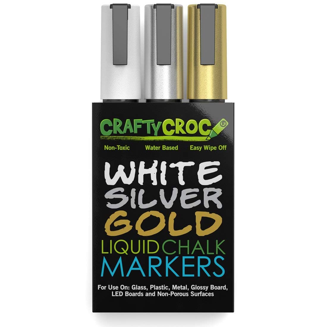 Metallic Chalk Markers, Gold Silver White - 3 Pack, Medium Tip 6mm, Wet Erase for Accent Details