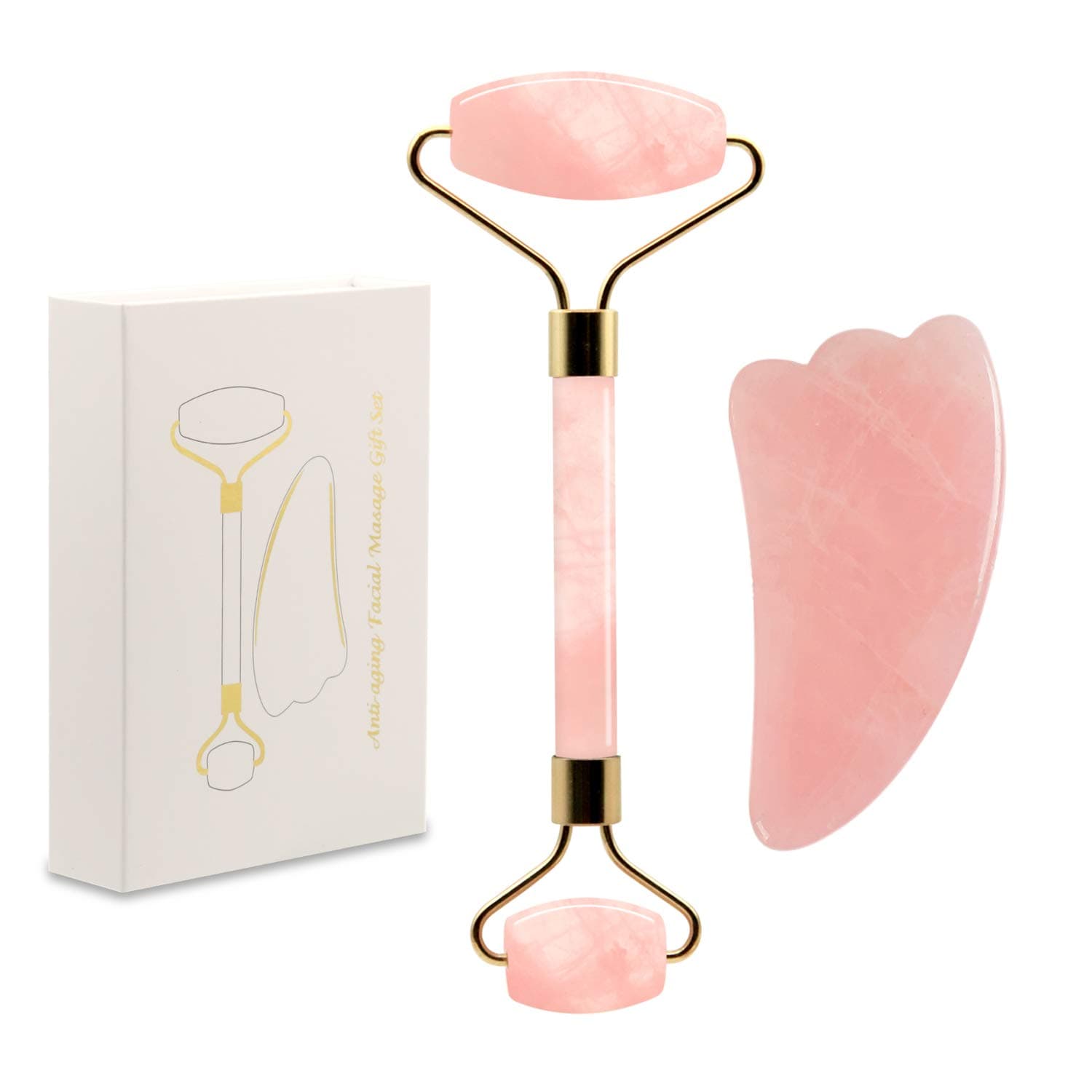 Jade Roller and W Gua Sha Scraping Facial Tools Set，Rose Quartz Facial Roller，100% Real Jade Stone， Natural Anti-Aging Facial Massage Kit，Treat Eye Bags Anti-Aging Dermal Massage Beauty Tools …