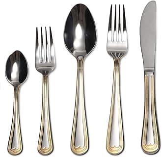 Flatware Set 20-Piece Service for 4, 18/10 Stainless Steel Silverware Cutlery, 24k Gold Plated Accent (gold sets) (Gold Beads)