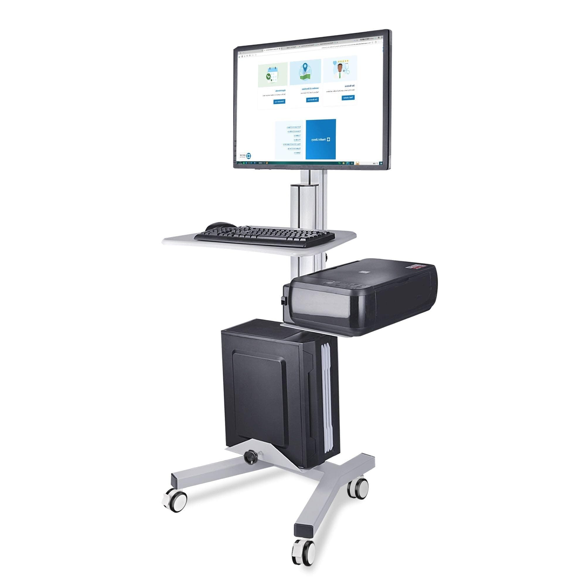 AW Medical Mobile Computer Cart Rolling PC Stand Desk Workstation on Wheels with Monitor Mount Adjustable Keyboard Tray CPU Printer Holder for Hospital Clinic School Office Silver