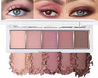 5 Colors Matte Pink Eyeshadow Makeup Palette, Nude Pink Rose Mauve Brown Cocoa Neutral Matte Cream Mini Eye Shadow Palette Makeup for Older Women Blue Green Eye, Blush Contour Palettes sombras de ojos