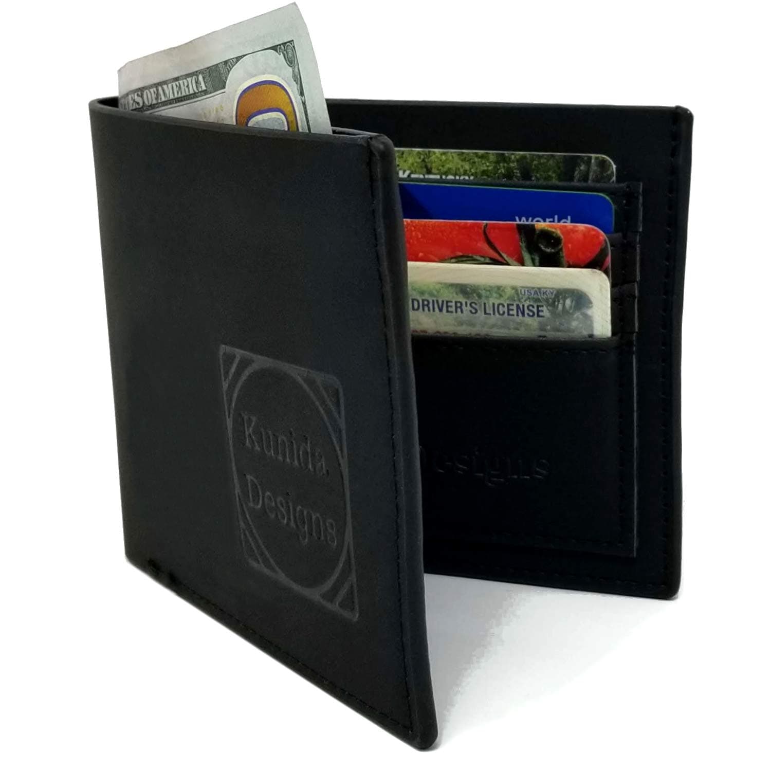 Large Mens Wallet with ID Window - Slim Bifold Wallets for Men - Leather Billfold For Men By Kunida Designs (Black)