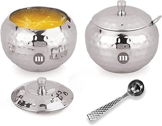MARU Stainless Steel Hammered Design Pattern Ghee Pot with Spoon & Lid Set of 2 Pcs, Ghee dispenser for Kitchen Storage set, Multipurpose Oil, sauce, ghee storage container for Kitchen, 300ml each