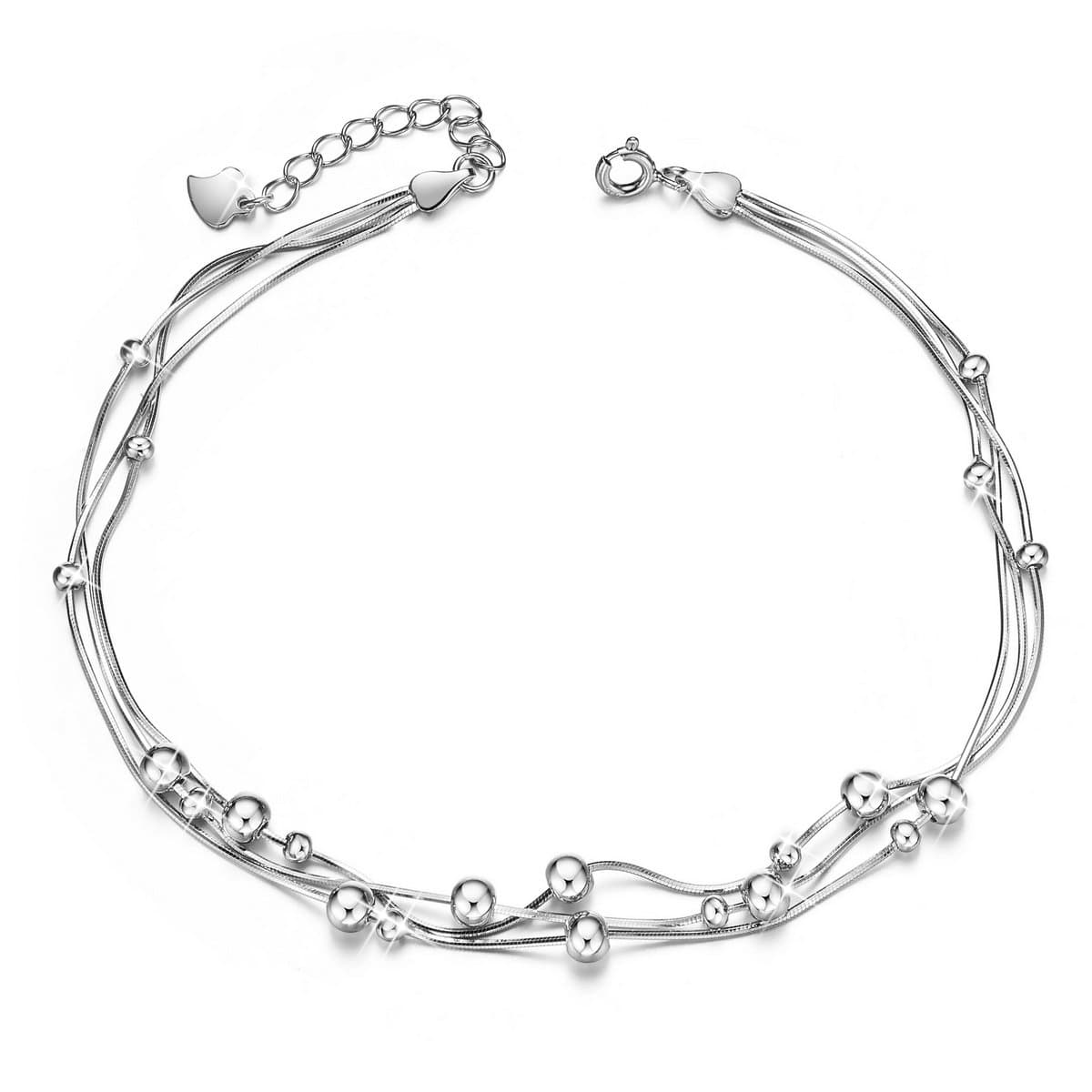 SHEGRACE Beaded Anklets 925 Sterling Silver Anklet with Triple Layered Chain and Beads Platinum for Woman