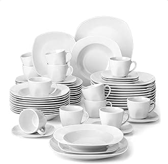 MALACASA Dinnerware Sets, 60-Piece Porcelain Gray White Dinnerware Set, Square Dinner Set with Dinner Plates, Dessert Plates and Soup Plates, Cups and Saucers Set, Dish Set for 12, Series Elisa