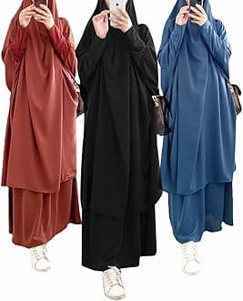 Womens Muslim Abaya Solid Prayer Dress Islamic Maxi Kaftan with Hijab Dubai Full Length 2 Piece Dress