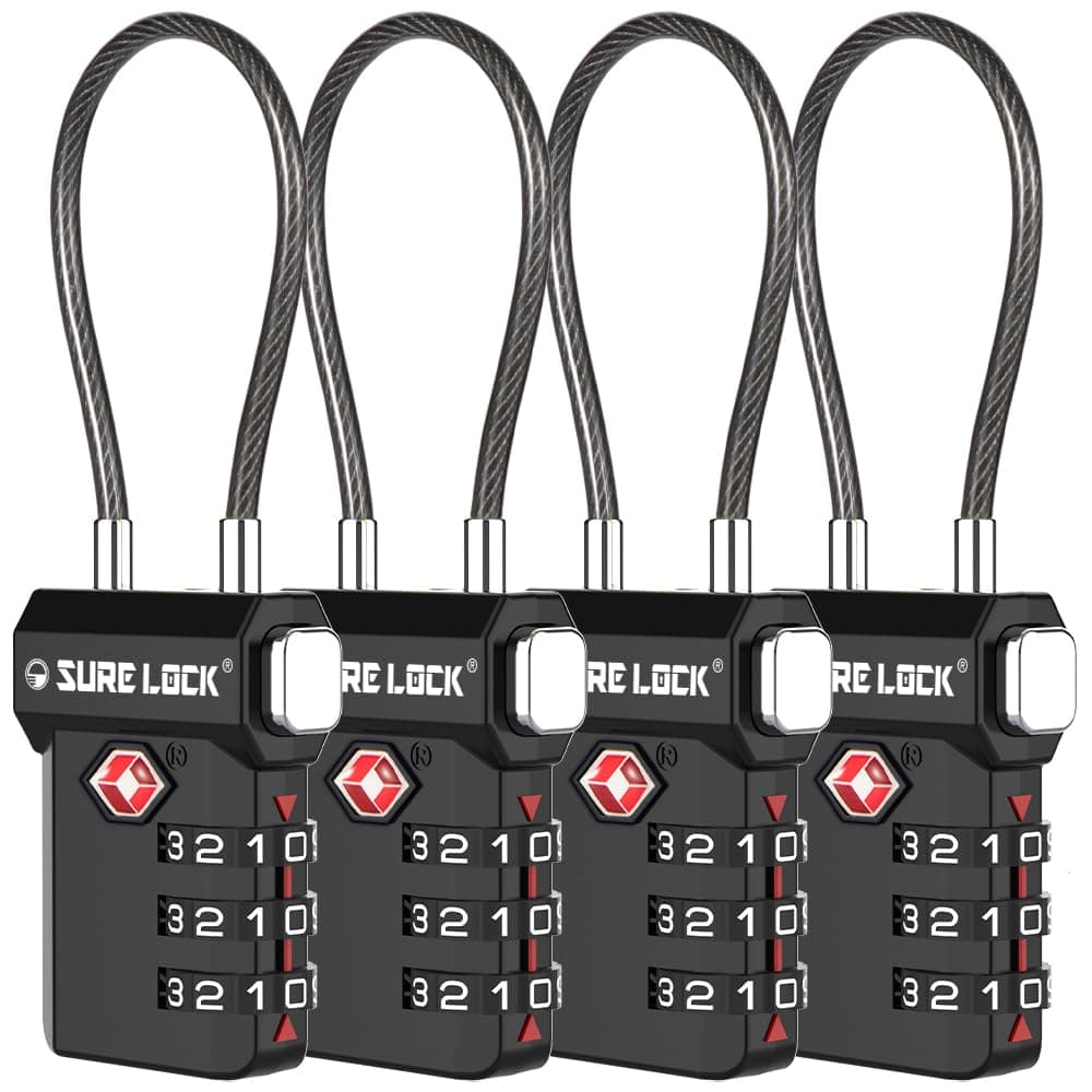 SURE LOCK TSA Approved Luggage Locks, Open Alert, Easy Read Dials, Travel Luggage Locks for Suitcase, Baggage Locks(Black 4 Pack)