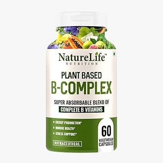 Naturelife Plant Based Vitamin B Complex with 100% RDA B1, B2, B3, B5, B6, B9 & B12 | Hair Growth, Boost Energy And Immunity (60 Capsules)