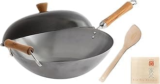 Classic Series 14-Inch Uncoated Carbon Steel Wok Set with Lid and Birch Handles, 4 Pieces