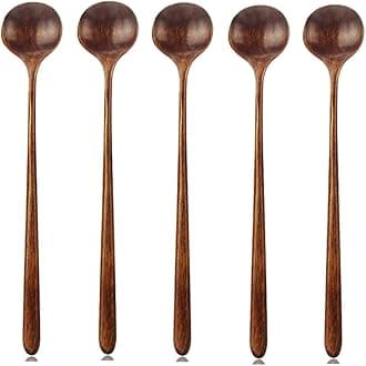 AOOSY Long Spoons Wooden, 5 Pieces Korean Style 10.9 inches 100% Natural Wood Long Handle Round Spoons for Soup Cooking Mixing Stirrer Mukbang Kitchen Tools Utensils(Korean Style Soup Spoon)