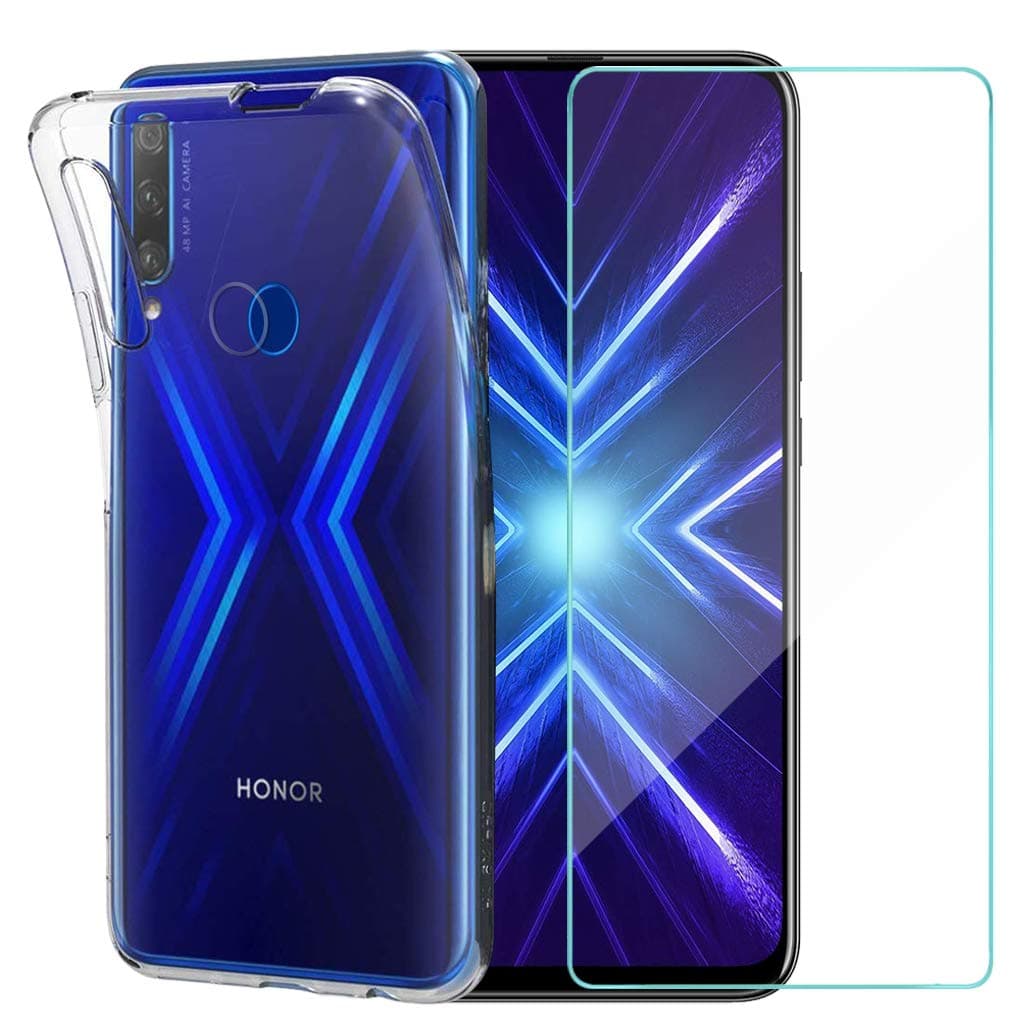 Oududianzi - Honor 9X Case + Tempered Glass Screen Protector, Soft Cover Clear Slim TPU Silicone Case - Transparent